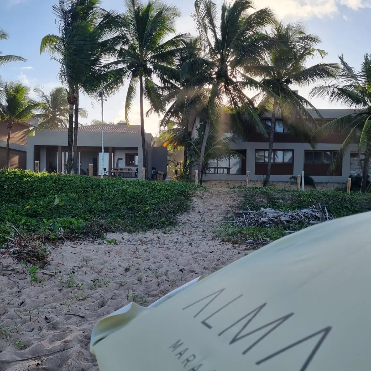 Casa vista da praia com coqueiros e guarda-sol Alma Maraú em primeiro plano